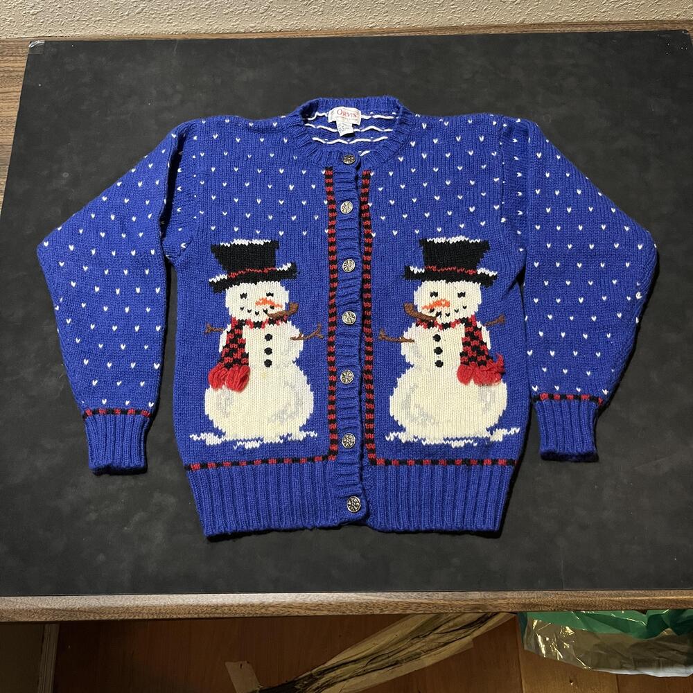 Vintage Orvis Birdseye Sweater 1970s Snowman Christmas Cardigan Holiday Knit